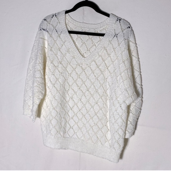 Vintage Oversized Ivory Diamond Knit V Neck Half Sleeve Sweater M - Picture 1 of 9
